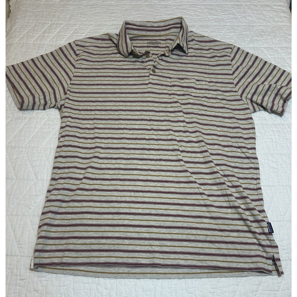 Patagonia Polo Shirt Mens Large Short Sleeve Striped Organic Cotton Pocket tan